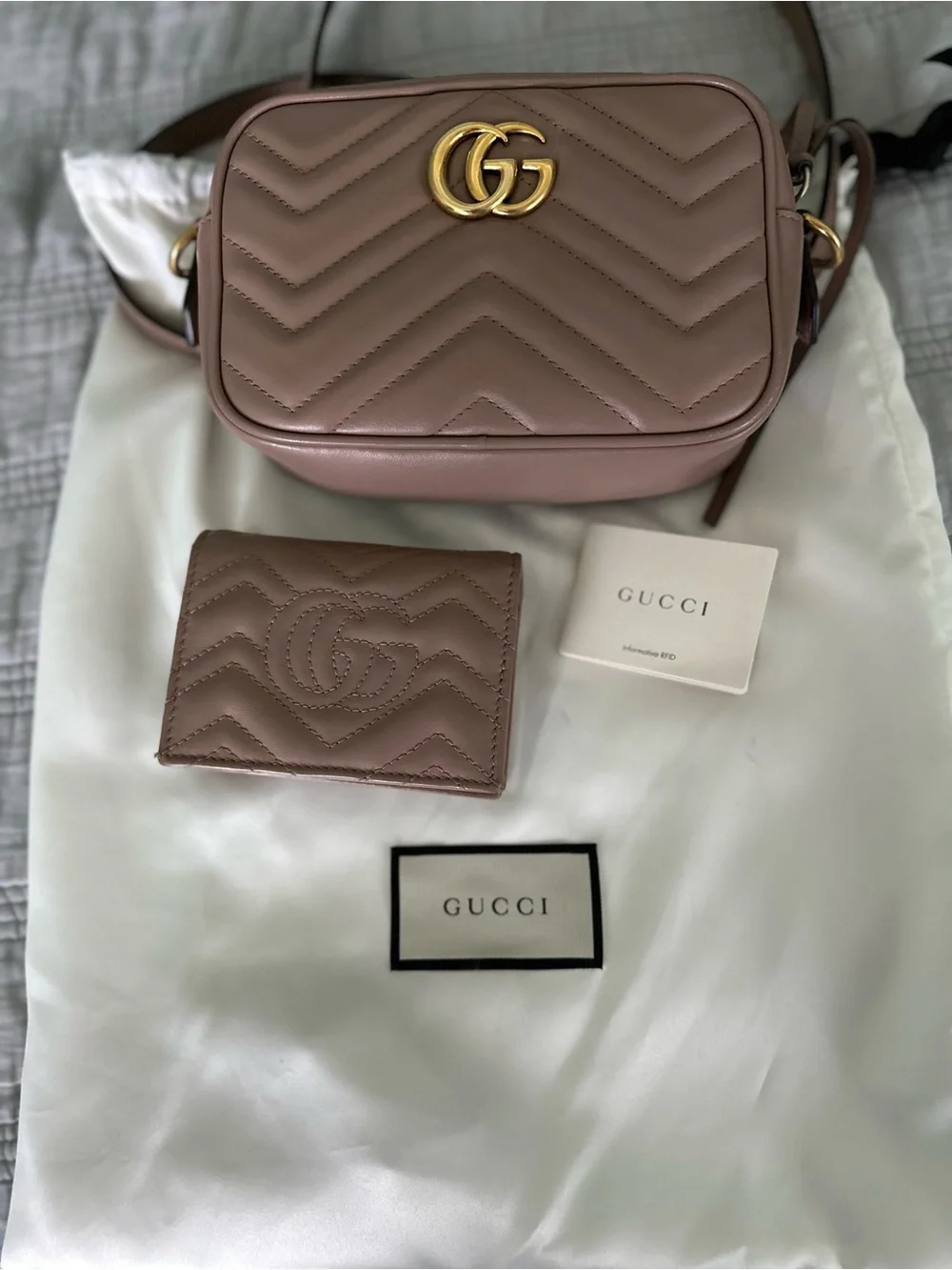 Gucci Leather Matelassé Mini Crossbody in Taupe Brown with matching wallet